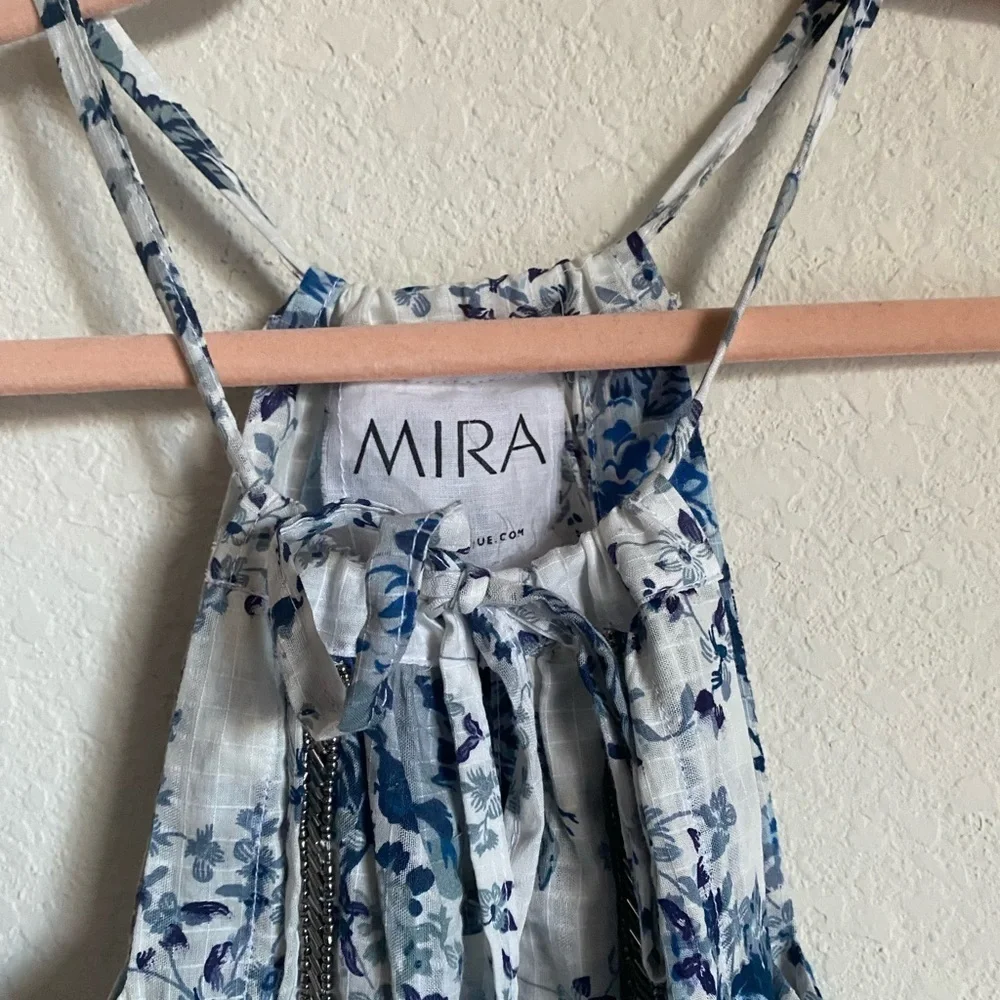 MIRA PIERINA FLORAL SILVER EMBROIDERY TASSEL TIE SHORT BOHO BEACH DRESS SIZE M